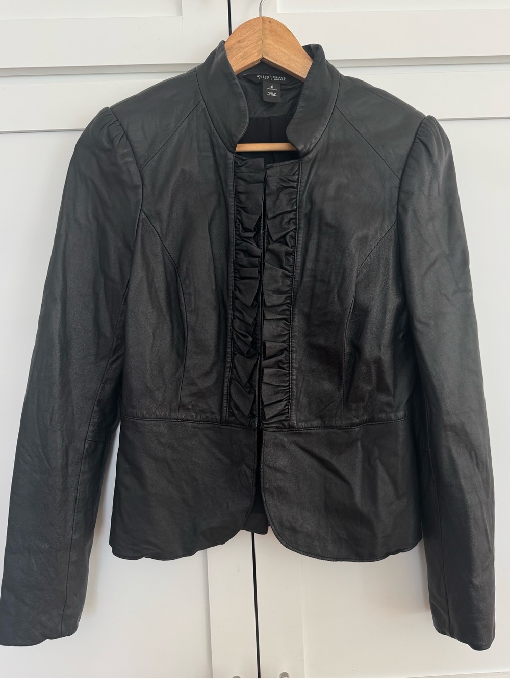 White House Black Market Black Leather Ruffle-Front Jacket Size Small